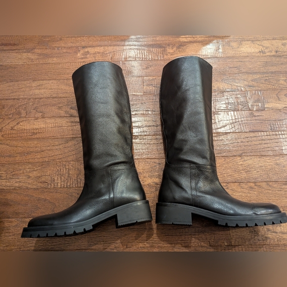 Women's Zara Black vegan Leather Low Heel Knee High Boots SZ 41 pull-on fit. - Picture 7 of 12